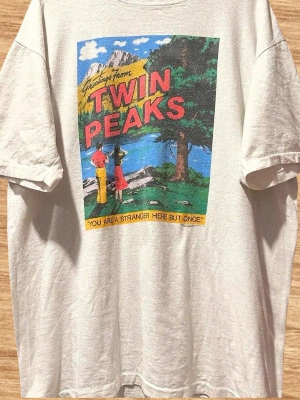 Gildan Cream Twin Peaks Graphic Tee with Multicolor Scenic Print